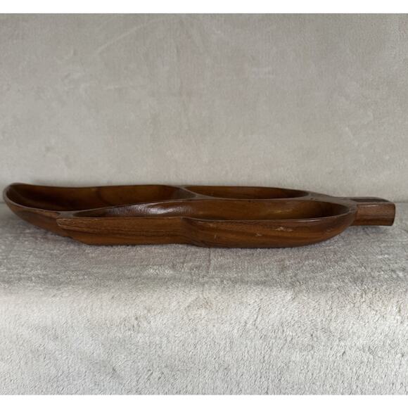 Genuine Monkey Pod Wood Bowl Leaf Shaped Divided Hand Crafted Philippines Boho - Picture 3 of 10